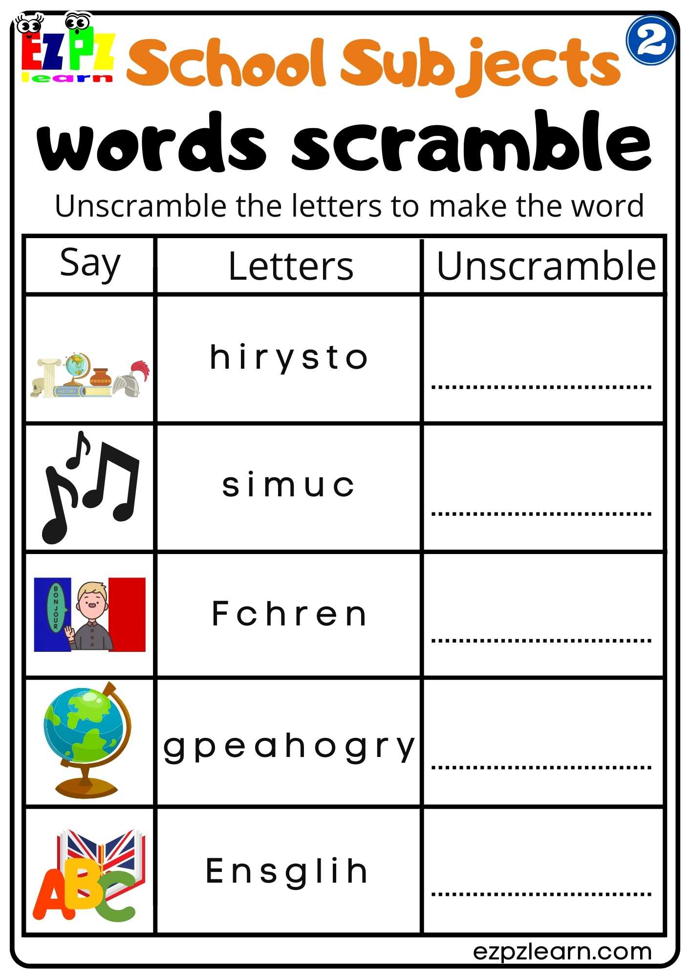 Group2 School Subjects Word Scramble Worksheet for Homeschool and ESL Students